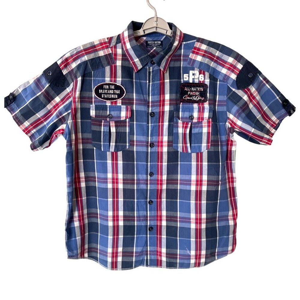 Parish Nation‎ Mens Size XL Plaid Patches Distressed Shirt Casual Bound Glory